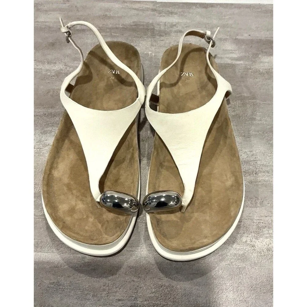 Zara Flat Leather Sandals with Metallic Bead - White EUR 39 US 8 - NWOT - Picture 11 of 16